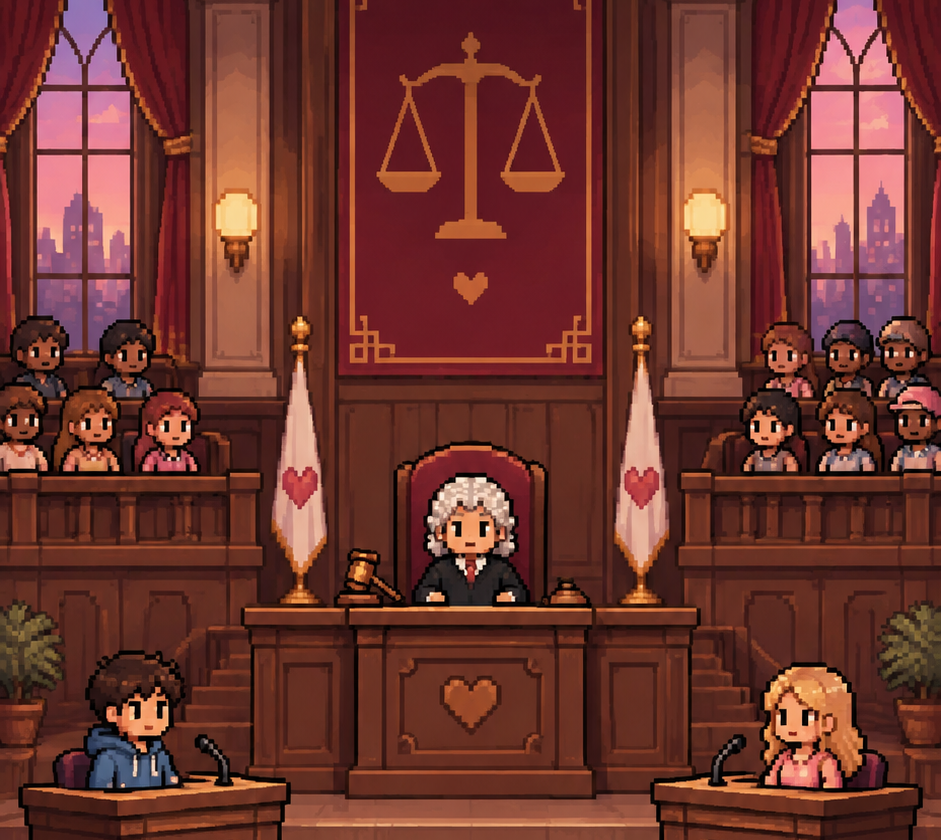 Pixel-art courtroom: a white-wigged judge sits at the bench between two heart banners, two partners stand at podiums facing each other, and a crowd watches from the gallery under warm lamplight.