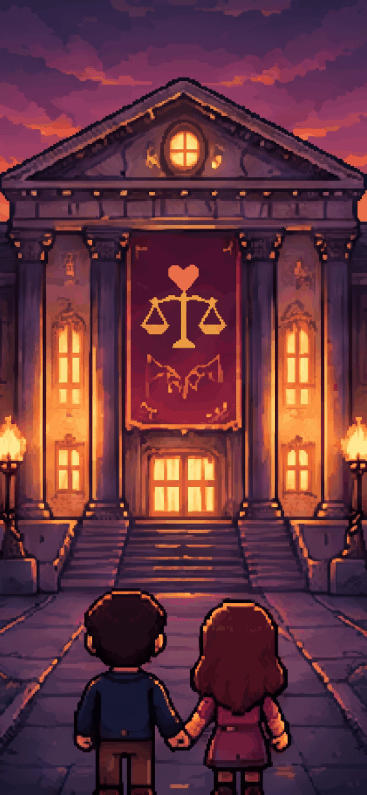 Pixel-art couple holding hands outside a glowing courthouse at dusk, a heart-and-scales banner above the doors.