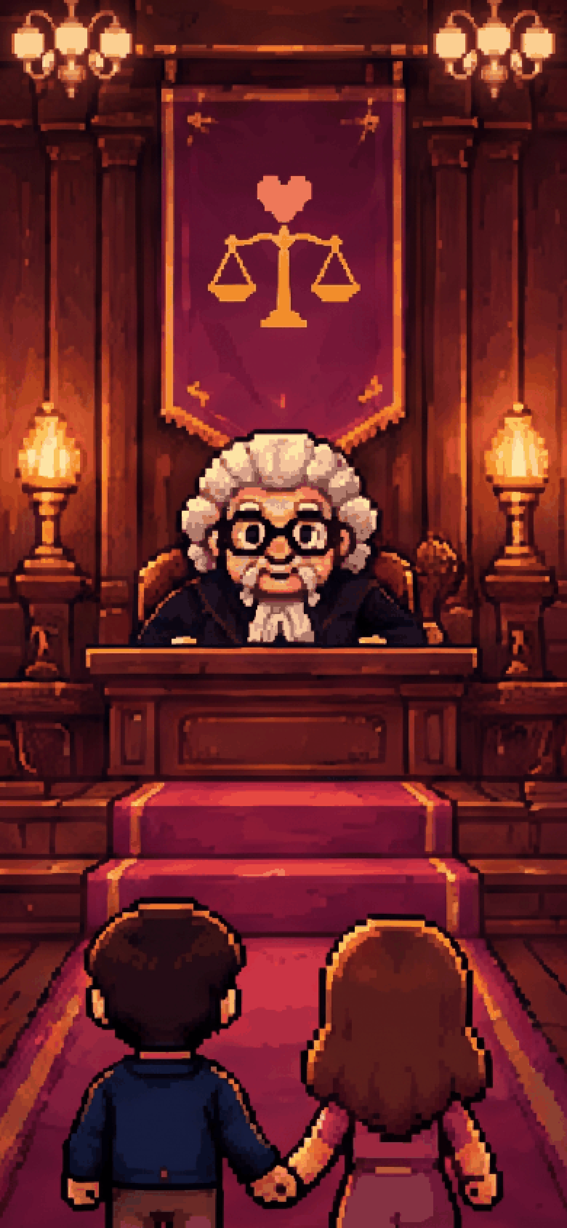 Pixel-art judge in a white wig and glasses at the bench beneath a heart-and-scales banner.