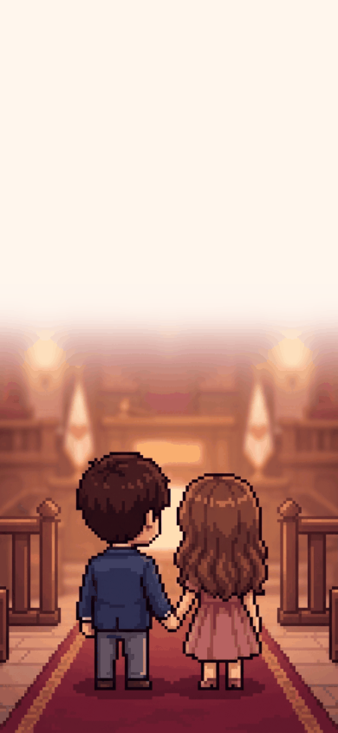 Pixel-art couple walking hand in hand down the red carpet of the courtroom aisle.